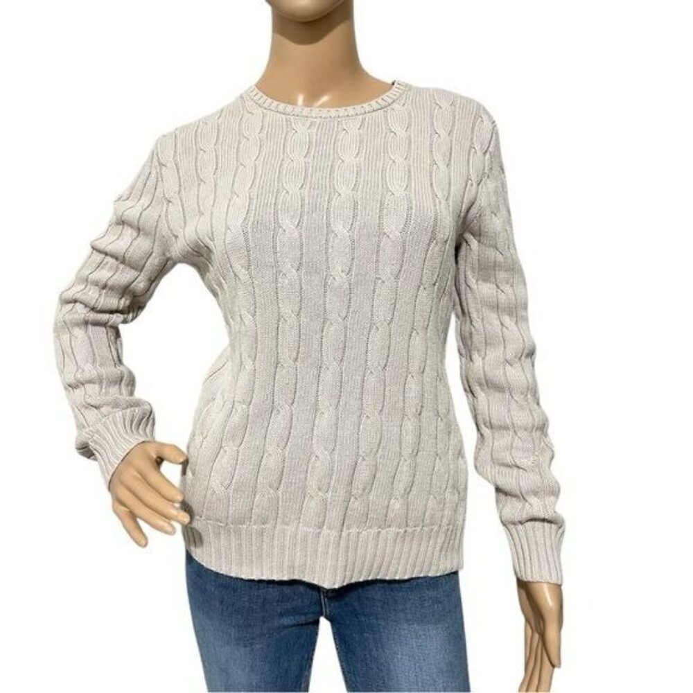 Magaschoni Taupe Cable Knit Pullover – 100% Cotton Sweater Size M, Excellent Con